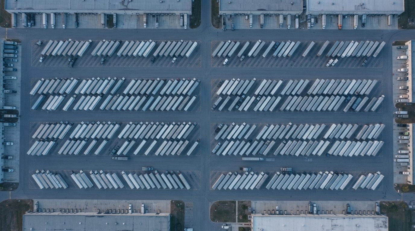 Aerial view of a distribution yard packed with dry van trailers